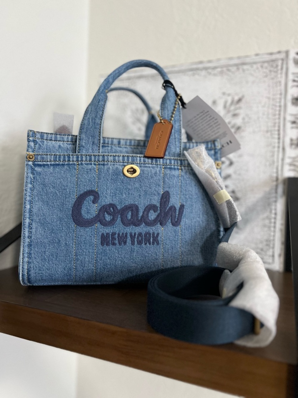 NWT Coach Denim Logo Tote Bag - Light Blue with Gold Hardware - Picture 2 of 8
